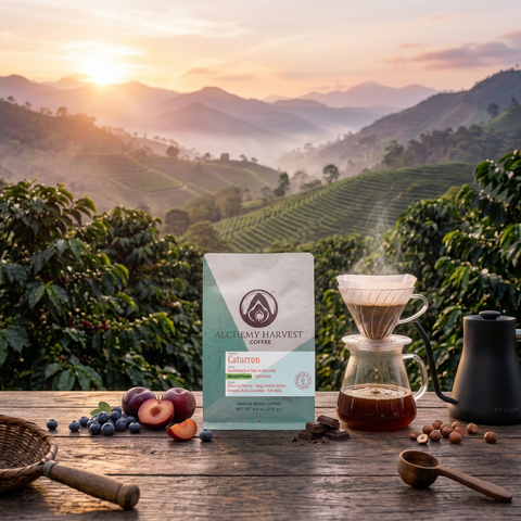A bag of Alchemy Harvest Coffee Cahuiton stands on a wooden table in a coffee farm setting with rolling green hills at sunrise. The scene includes a glass pour-over coffee maker, a black gokuro kettle, blueberries, sliced fruit, and nuts.