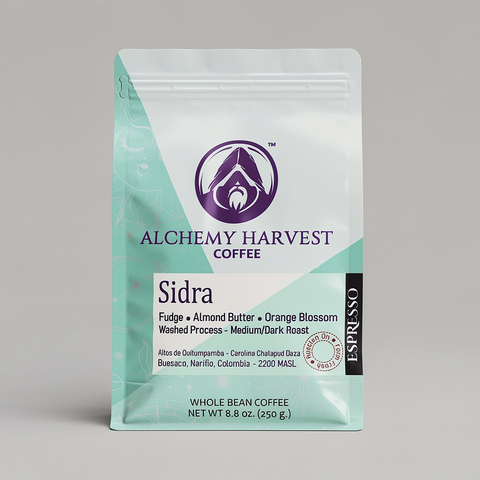 Alchemy Harvest Coffee Sidra package on a gray background