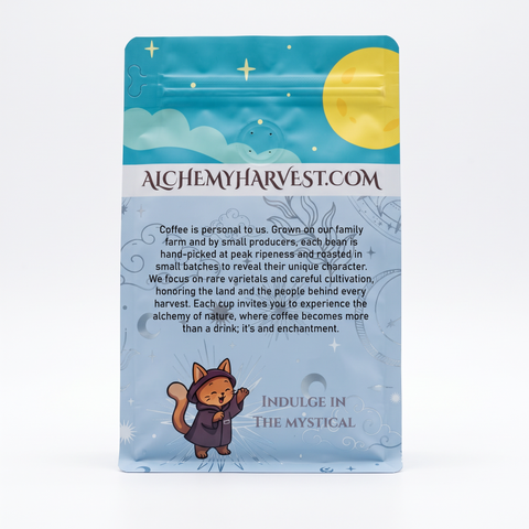 Alchemy Harvest coffee bag with decorative design on a white background