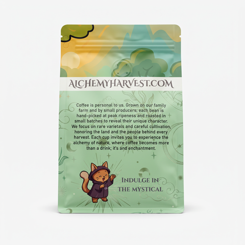 Green coffee bag with Alchemy Harvest branding on a beige background