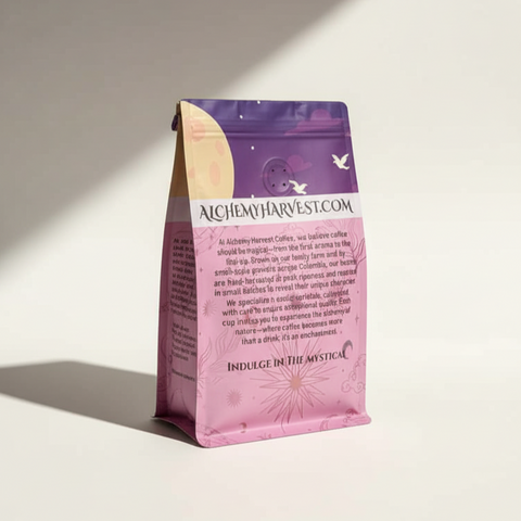 Purple and pink coffee bag with 'AlchemyHarvest.com' text on a beige background