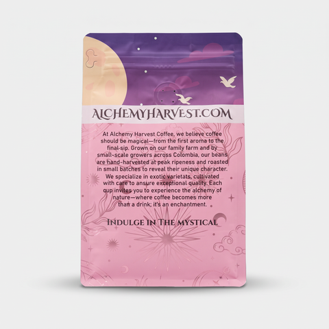 Purple and pink coffee bag with 'AlchemyHarvest.com' text on a beige background