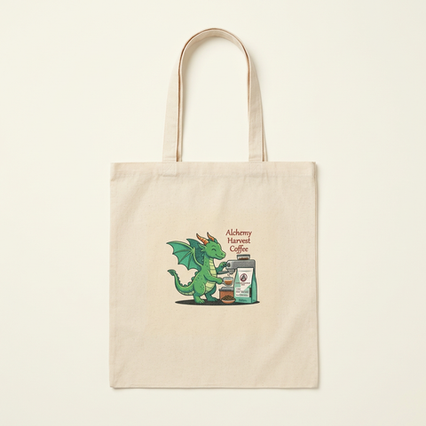 A natural canvas tote bag with a printed graphic of a green dragon next to a coffee bag and the text 'Alchemy Harvest Coffee'.