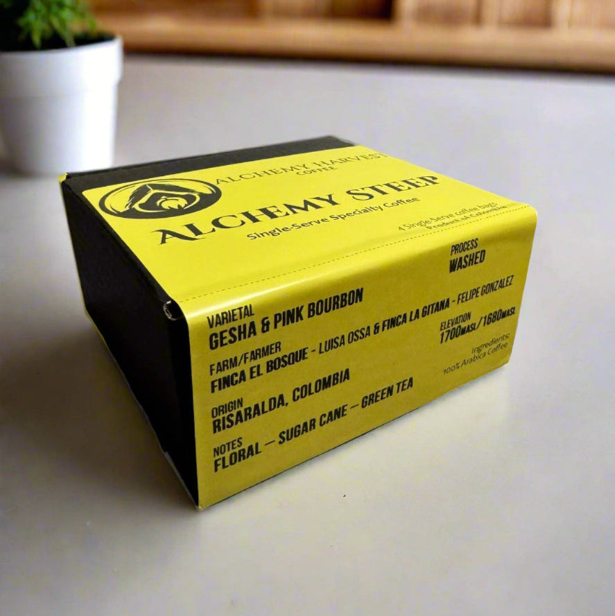 Alchemy Steep coffee bags featuring Gesha and Pink Bourbon blend from Colombia