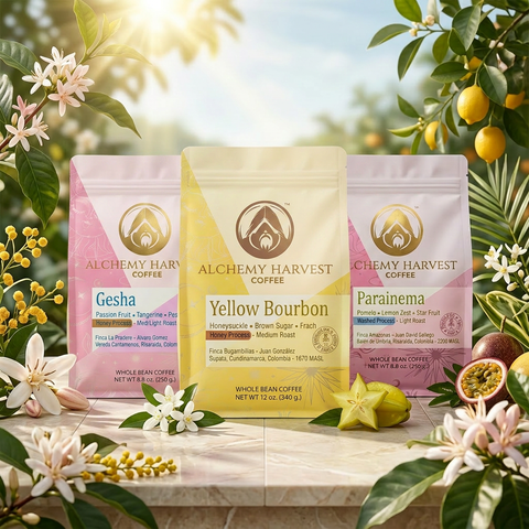 Three coffee packages from Alchemy Harvest on a wooden surface with a blurred background
