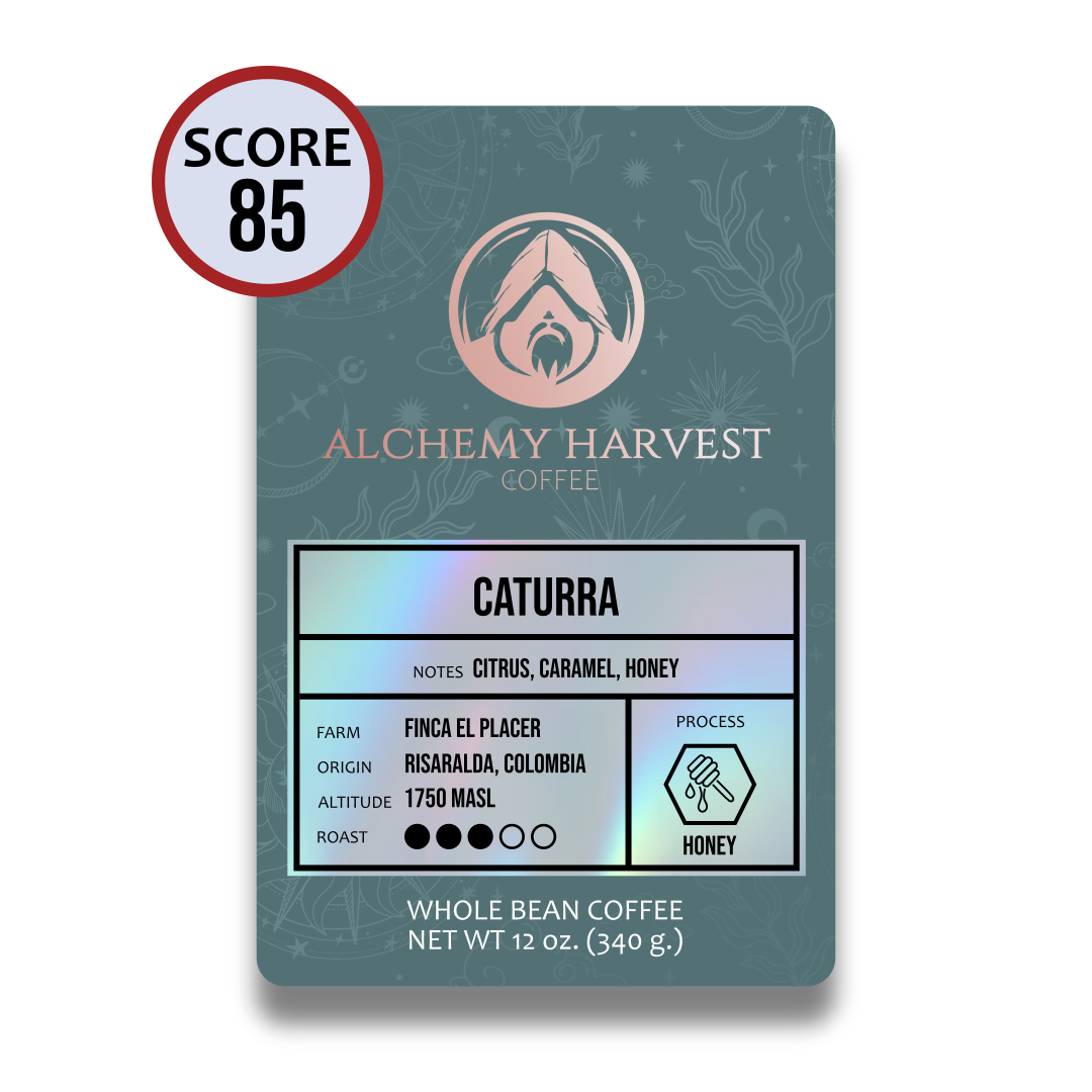 Alchemy Harvest coffee bag with cupping score and varietal info visible