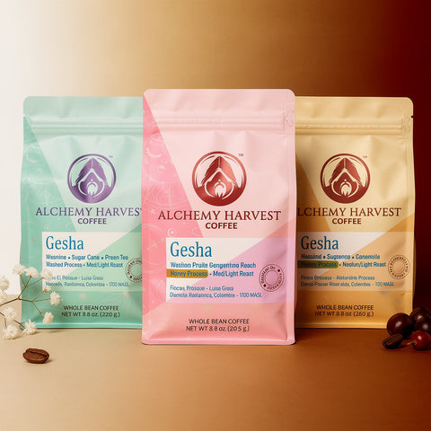 Three packages of Alchemy Harvest Coffee with flowers and coffee beans on a gradient background