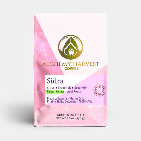 Alchemy Harvest Coffee Sidra coffee package on a light gray background