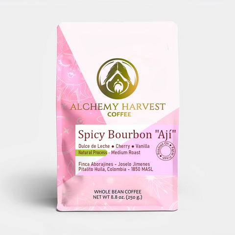 Alchemy Harvest Coffee Spicy Bourbon 'Aji' package on a white background