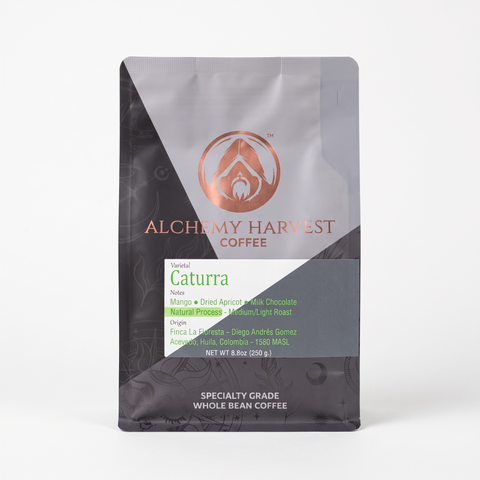 Alchemy Harvest Coffee package on a beige background
