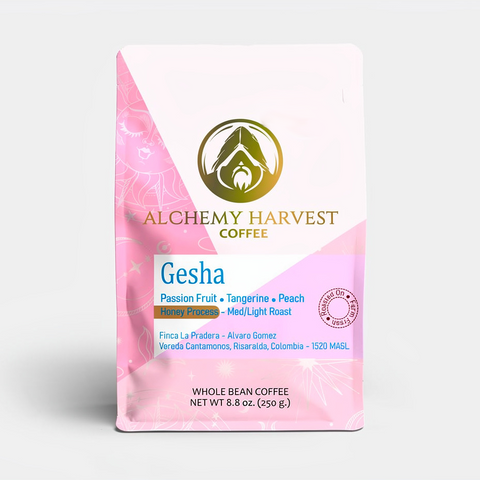 Alchemy Harvest Coffee Gesha package on a light gray background