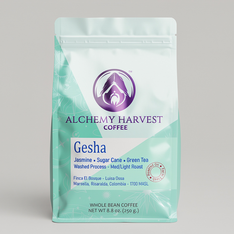 Alchemy Harvest Coffee Gesha package on a light gray background