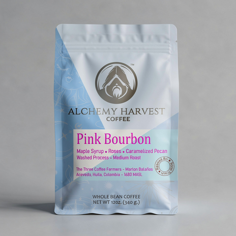 Alchemy Harvest Coffee Pink Bourbon package on a light gray background