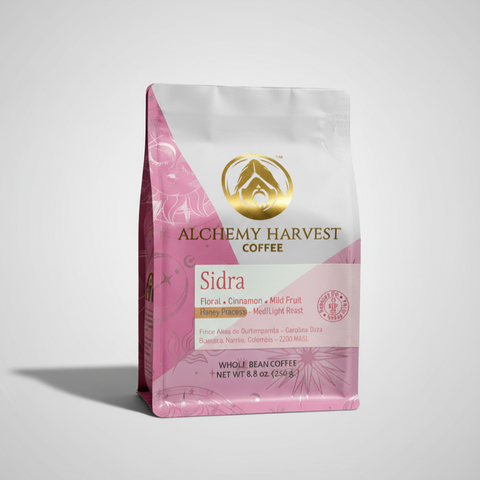 Alchemy Harvest Coffee Sidra package on a light gray background