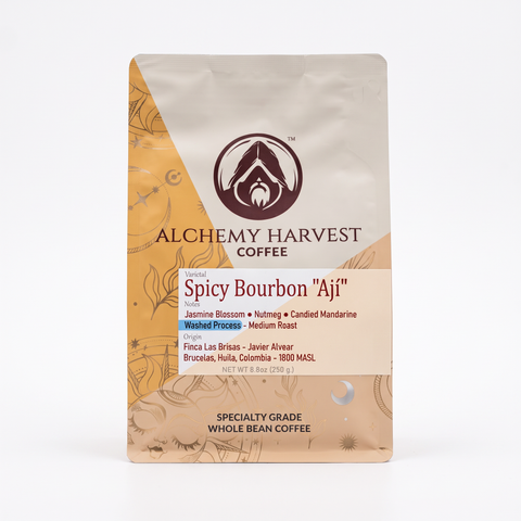 Alchemy Harvest Coffee Spicy Bourbon Aji package on a gray background