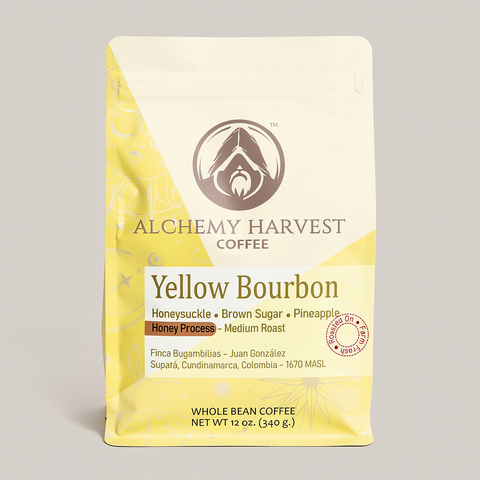 Alchemy Harvest Coffee Yellow Bourbon package on a light gray background
