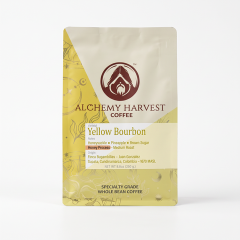 Alchemy Harvest Coffee Yellow Bourbon package on a light gray background