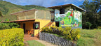 House Finca Granito de Oro, Antioquia Colombia with a colorful mural on the side, surrounded by greenery and mountains.