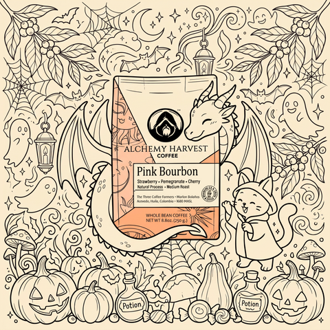 A Halloween-themed illustrated coffee bag centered on a cream background with line-art pumpkins, ghosts, bats, spiderwebs, lanterns, and autumn motifs. The bag reads 'Alchemy Harvest Coffee' and 'Pink Bourbon'.