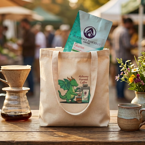 A beige canvas tote bag with a green and white graphic print sits on a wooden table at an outdoor market. A pour-over coffee maker, a ceramic mug, and a small vase of flowers are arranged around it, with a blurred background of market stalls and people.