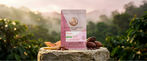A stand-up pouch of Alchemy Harvest Coffee Papayo flavor stands on a stone pedestal outdoors, with sliced papayas and cacao beans placed beside it. The background shows a softly blurred coffee plantation at sunrise or sunset.