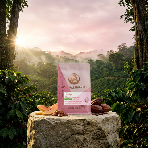 A bag of Alchemy Harvest Coffee Papayo flavor stands on a stone pedestal outdoors, surrounded by papayas and cacao pods, with a misty mountain landscape in the background at sunrise.