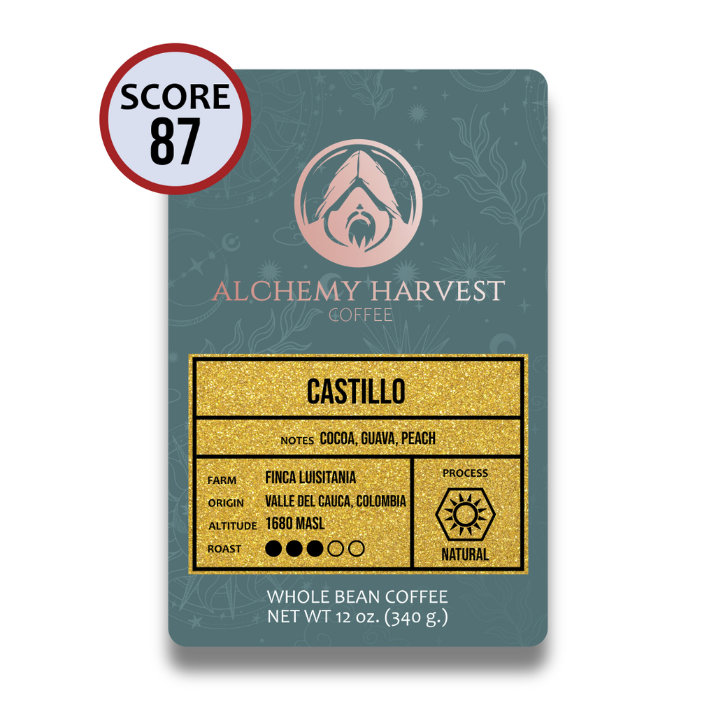 Alchemy Harvest Coffee package with gold label on a white background