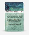 Green coffee bag with text on a white background