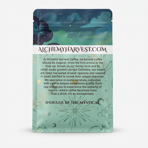 Green coffee bag with text on a white background