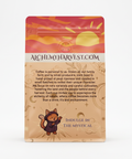 Coffee bag with colorful label and text on a beige background