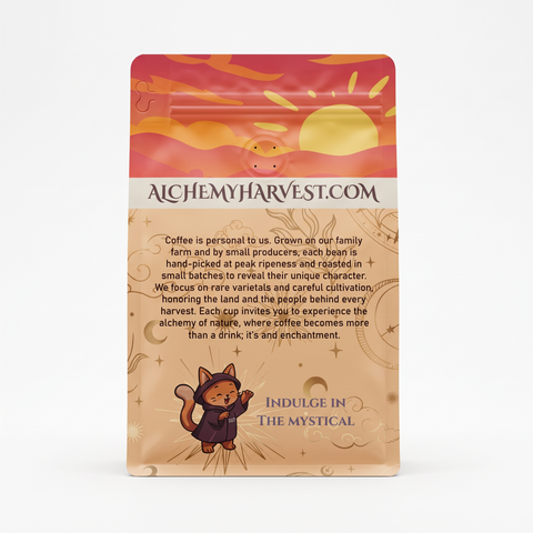 Coffee bag with colorful label and text on a beige background