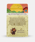 yellow coffee bag with colorful design on a beige background