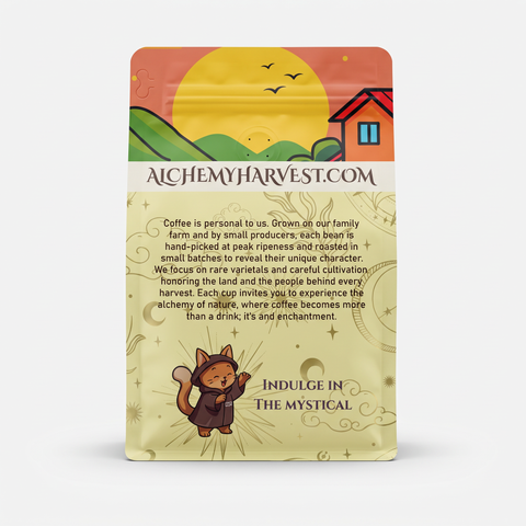 yellow coffee bag with colorful design on a beige background