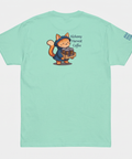 Mint green Alchemy Harvest Coffee cotton t-shirt featuring a front logo print and a distressed back graphic of a cat carrying four cold brew cans.