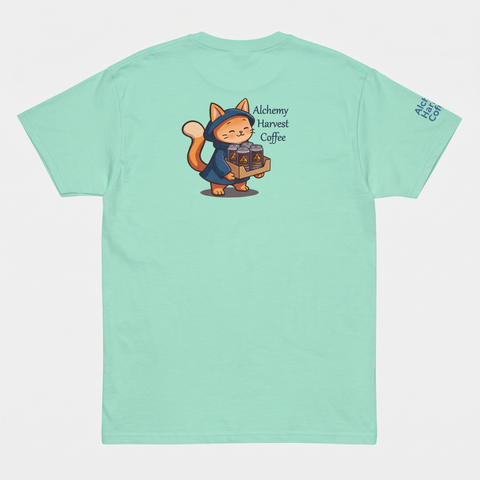 Mint green Alchemy Harvest Coffee cotton t-shirt featuring a front logo print and a distressed back graphic of a cat carrying four cold brew cans.