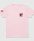 A light pink short-sleeve crewneck t-shirt with a dark red circular logo on the left chest and vertical text on the right sleeve, displayed flat against a light gray background.