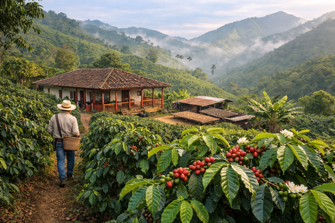 Coffee farm with coffee plants and a rustic building in the mountains