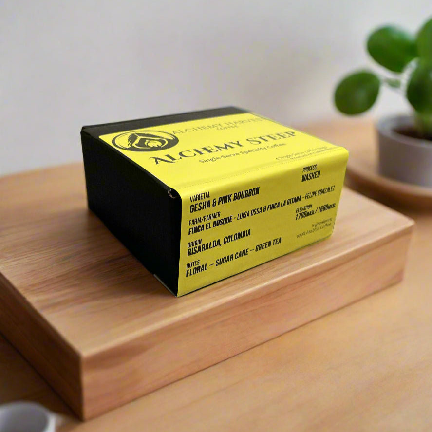 Alchemy Steep single-serve coffee bags with Gesha and Pink Bourbon blend