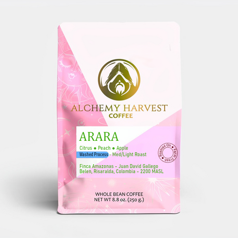 Alchemy Harvest Coffee Arara package on a white background