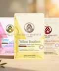 Three coffee packages from Alchemy Harvest on a wooden surface with a blurred background