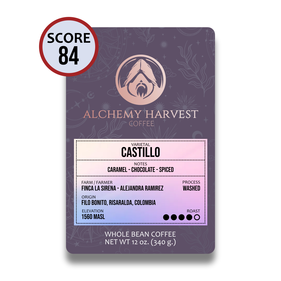 Alchemy Harvest Coffee package with product details and a score badge on a white background