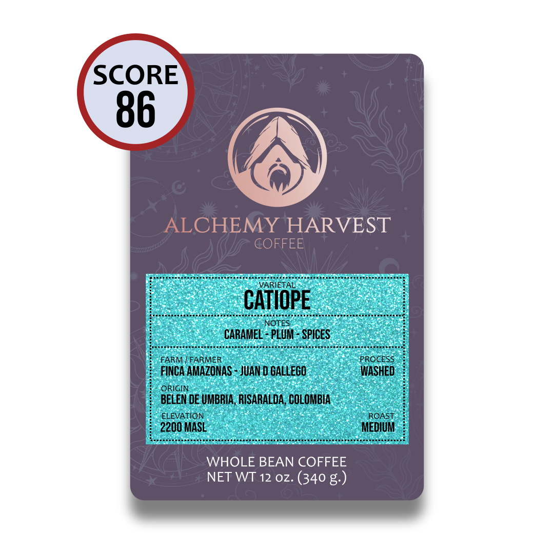 Whole bean Catiope packaging with origin and varietal details