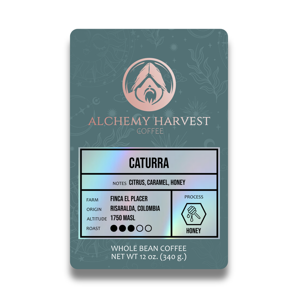 Alchemy Harvest Caturra coffee in golden honey process packaging