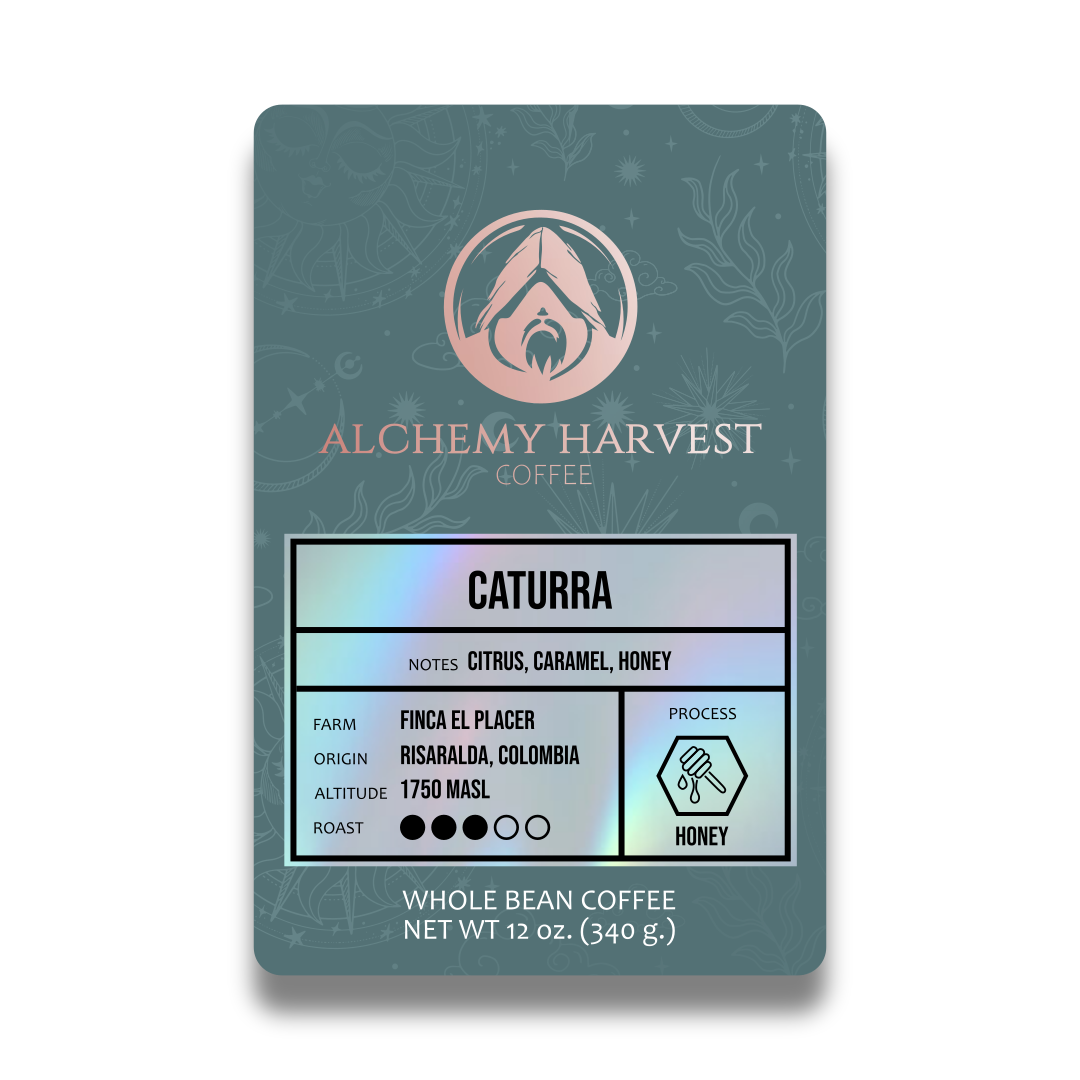 Alchemy Harvest Caturra coffee in golden honey process packaging