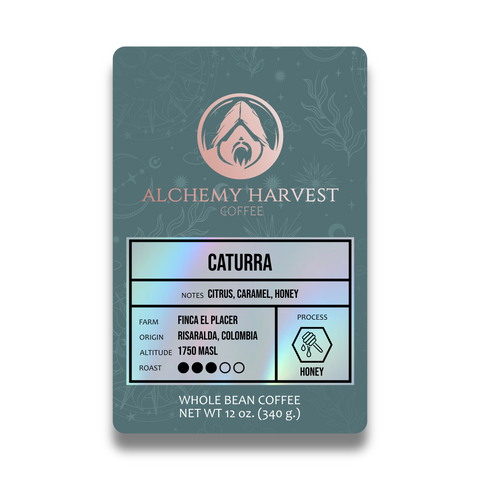 Alchemy Harvest Caturra coffee in golden honey process packaging