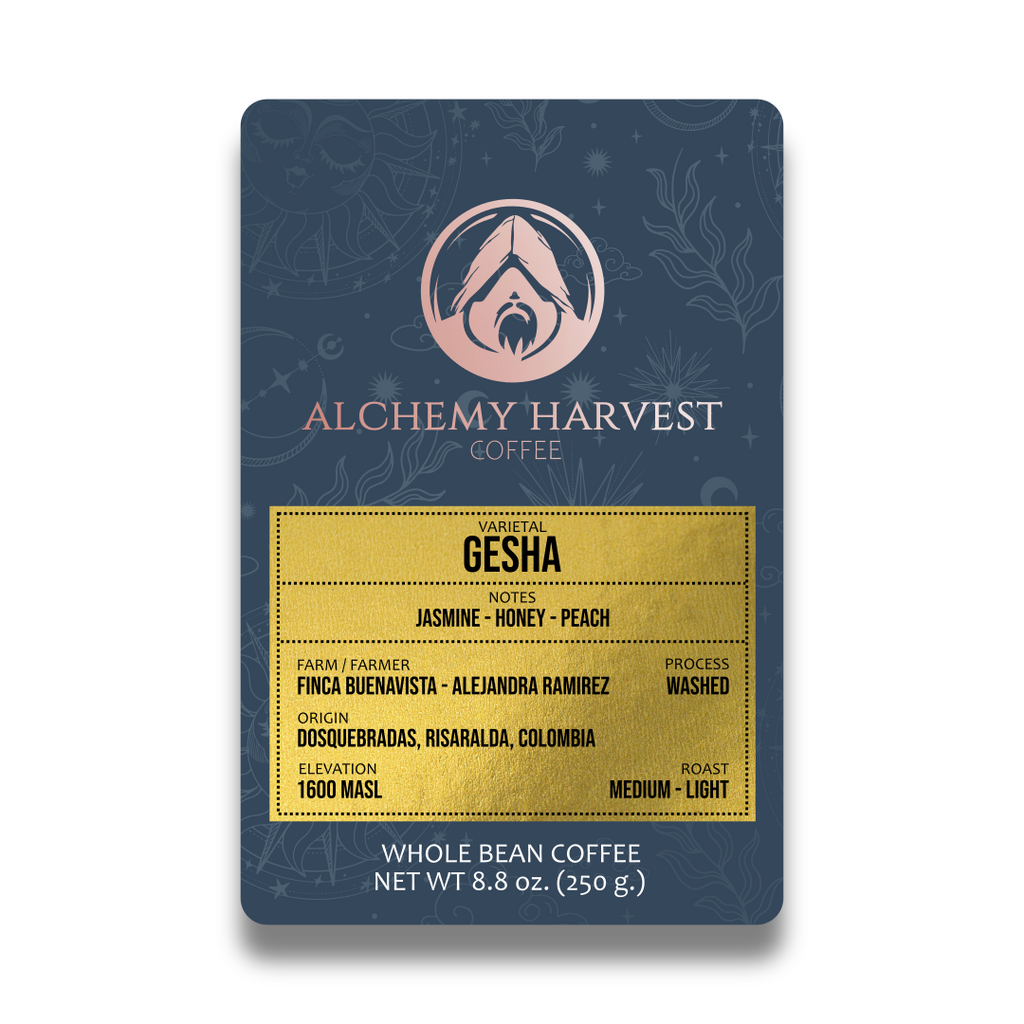 Alchemy Harvest Coffee Gesha whole bean coffee package on a white background