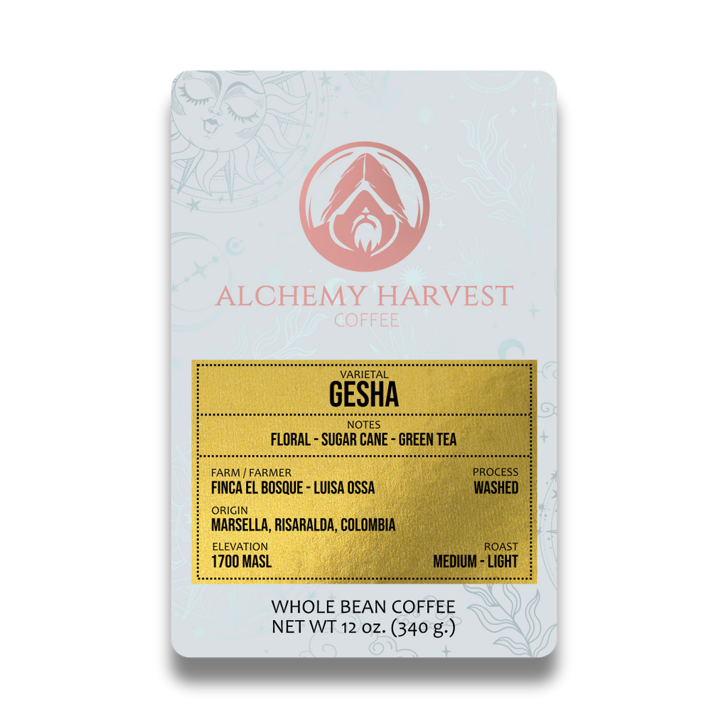 Alchemy Harvest Gesha coffee package on a white background