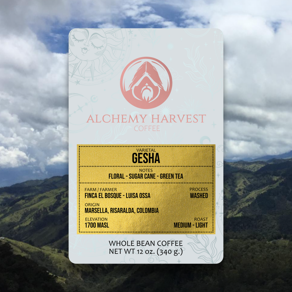 Alchemy Harvest coffee package with mountainous landscape in the background