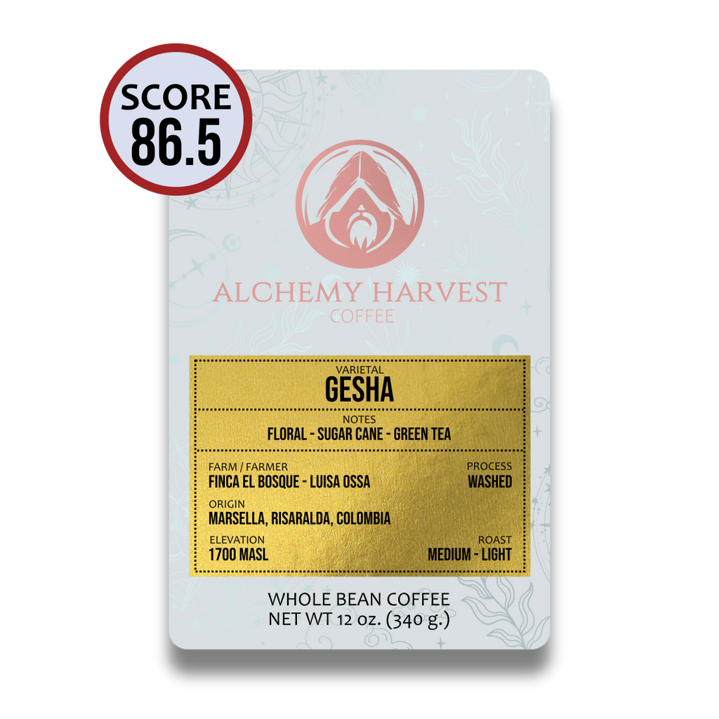 Alchemy Harvest coffee package with Gesha variety details on a white background