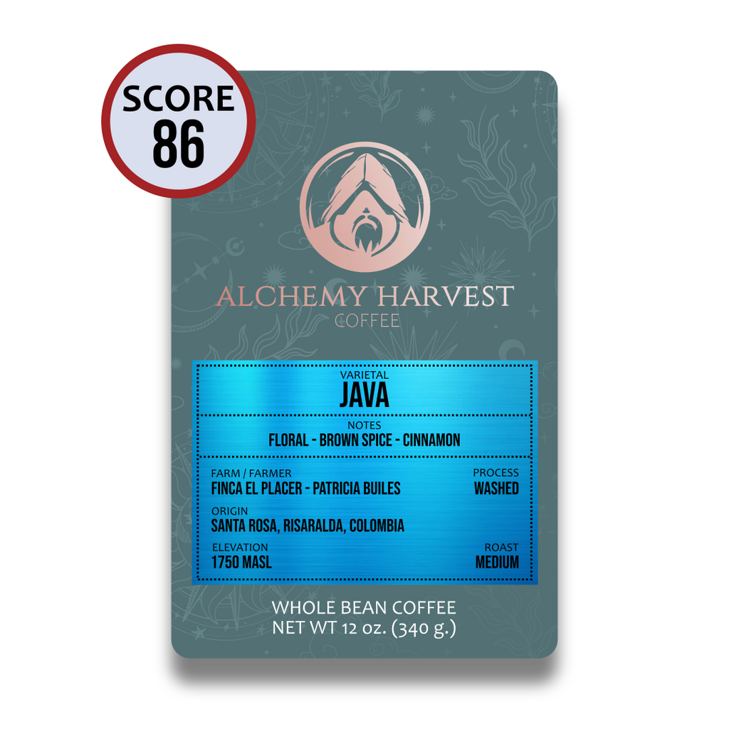 Alchemy Harvest Coffee package with detailed information and a score badge on a white background